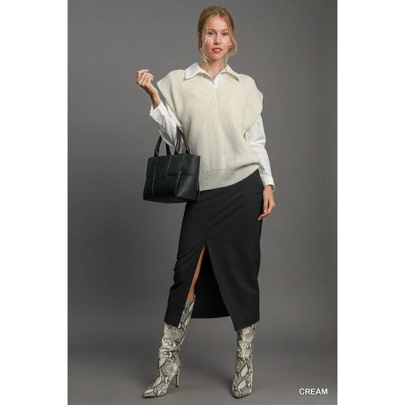 Umgee V-Neck Distinctive Shoulder Pad Detail Relaxed Fit Sweater Vest | Cream - Picture 6 of 6